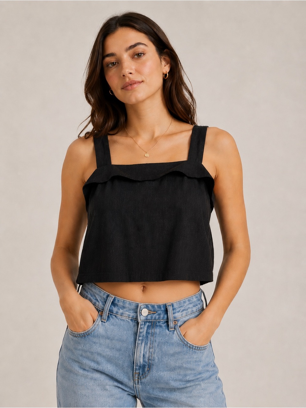 American Eagle Black Linen Blend Cropped Cami Minimalist 90s Tank S Summer Top